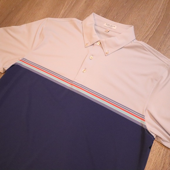 Peter Millar Men's Golf Polo Shirt Short Sleeve Large Navy/Gray Talking Rock - Picture 1 of 4